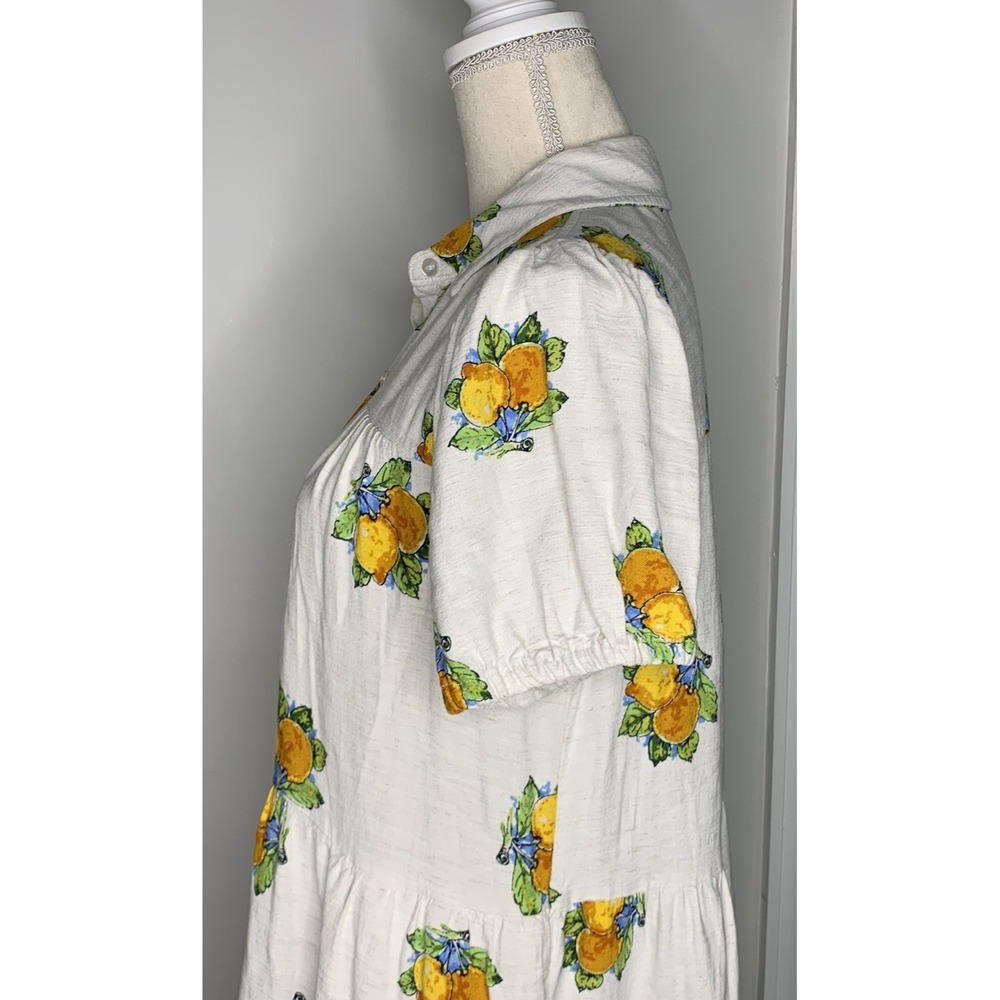 Jane + Delancey Short Sleeve Mini Dress Pockets Fruit Lemon Vacation M Linen Ble - Picture 4 of 11